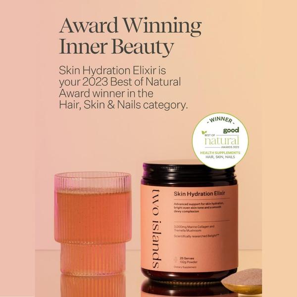 A clean, minimalist product-led advertisement highlighting a 2023 industry award for a skin hydration powder supplement.
